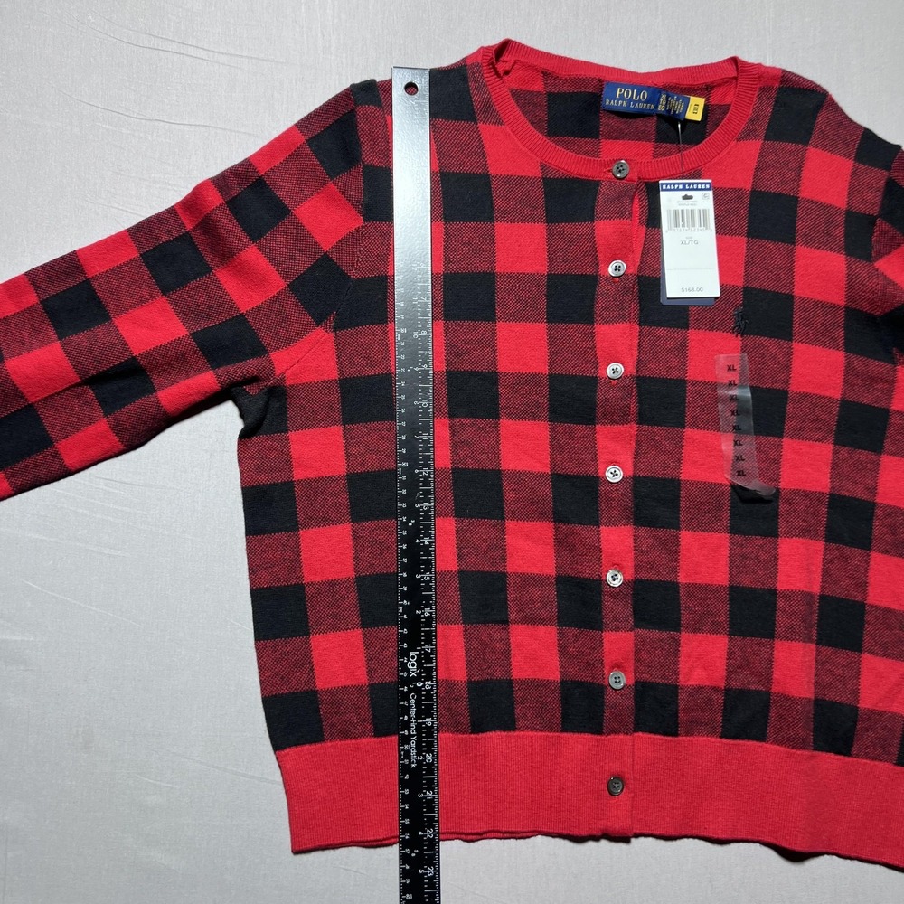Polo Ralph Lauren Plaid Cardigan Womens XL Red Buffalo Button‎ Cotton Wool - Picture 10 of 13